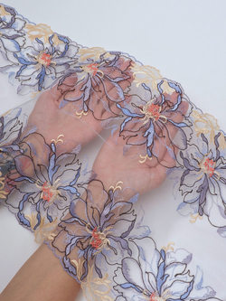 Кружево вышивка на сетке цвет мультиколор (исландский голубой, светло-желтый, оранжевый, шоколад) неэластичная ширина 27 см