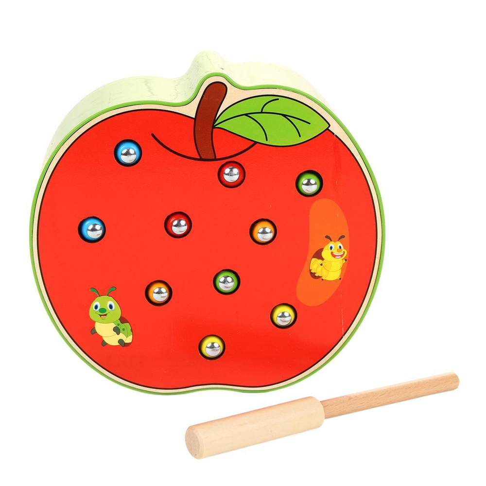 Развивающая игрушка деревянная Рыбалка Яблоко с червяками, коробка C-41678
