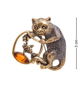 AM-3461 Брошь «Кот с рыбкой» (латунь, янтарь)