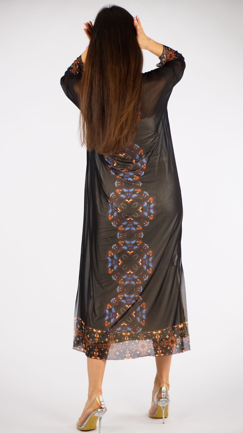 Платье-туника из сетки "Загадки скифов", принт по мотивам скифских татуировок, по материалам раскопок Пазырыкских курганов