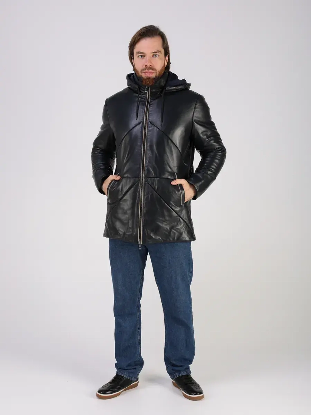 Куртка зимняя кожаная с капюшоном пуховик