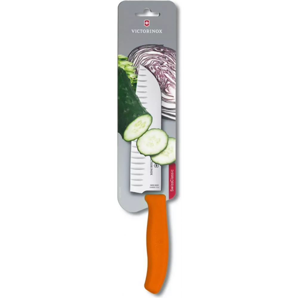 Нож Victorinox сантоку, лезвие 17 см рифленое, оранжевый, в картонном блистере