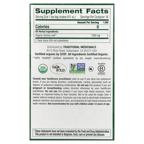 Traditional Medicinals, корень органической солодки, без кофеина, 16 чайных пакетиков, 24 г (0,85 унции)