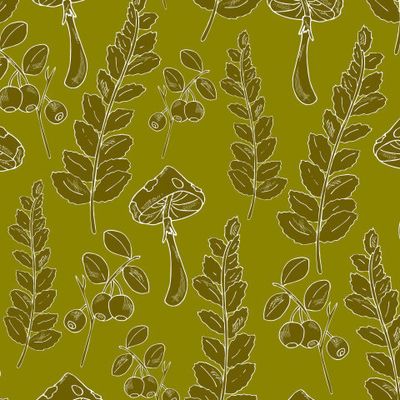 Forest  fern leaves,fly agaric and blueberries, lingonberries.