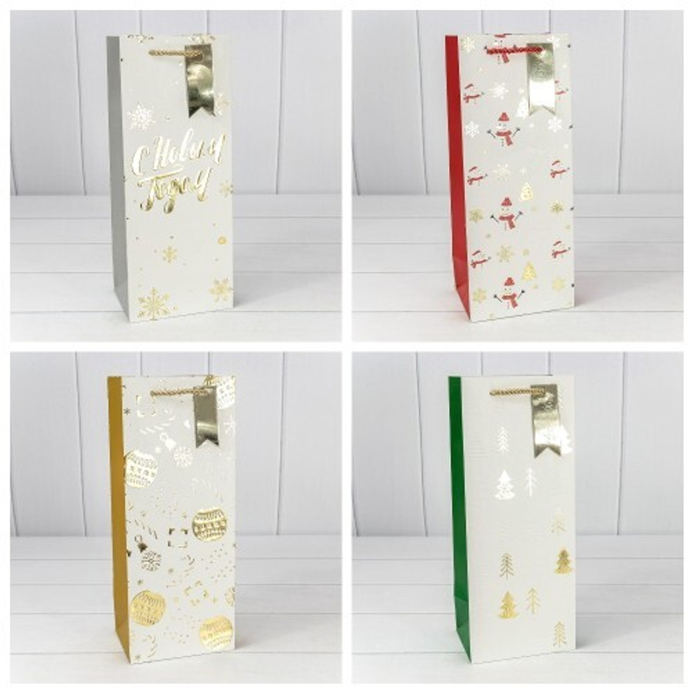 Пакет подарочный 14 х 35 х 11 см Набор 4 шт "Новый год" с тиснением Под бутылку (Белый)