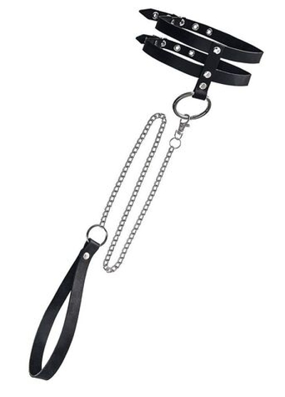 Черный ошейник из двух ремешков с поводком