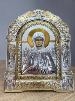 Матрона, икона арочная с рамкой, белое дерево 206х270