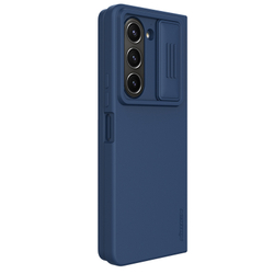 Чехол синего цвета покрытый мягким жидким силиконом от Nillkin для Samsung Galaxy Z Fold 5, серия CamShield Silky Silicone с защитной шторкой для камеры