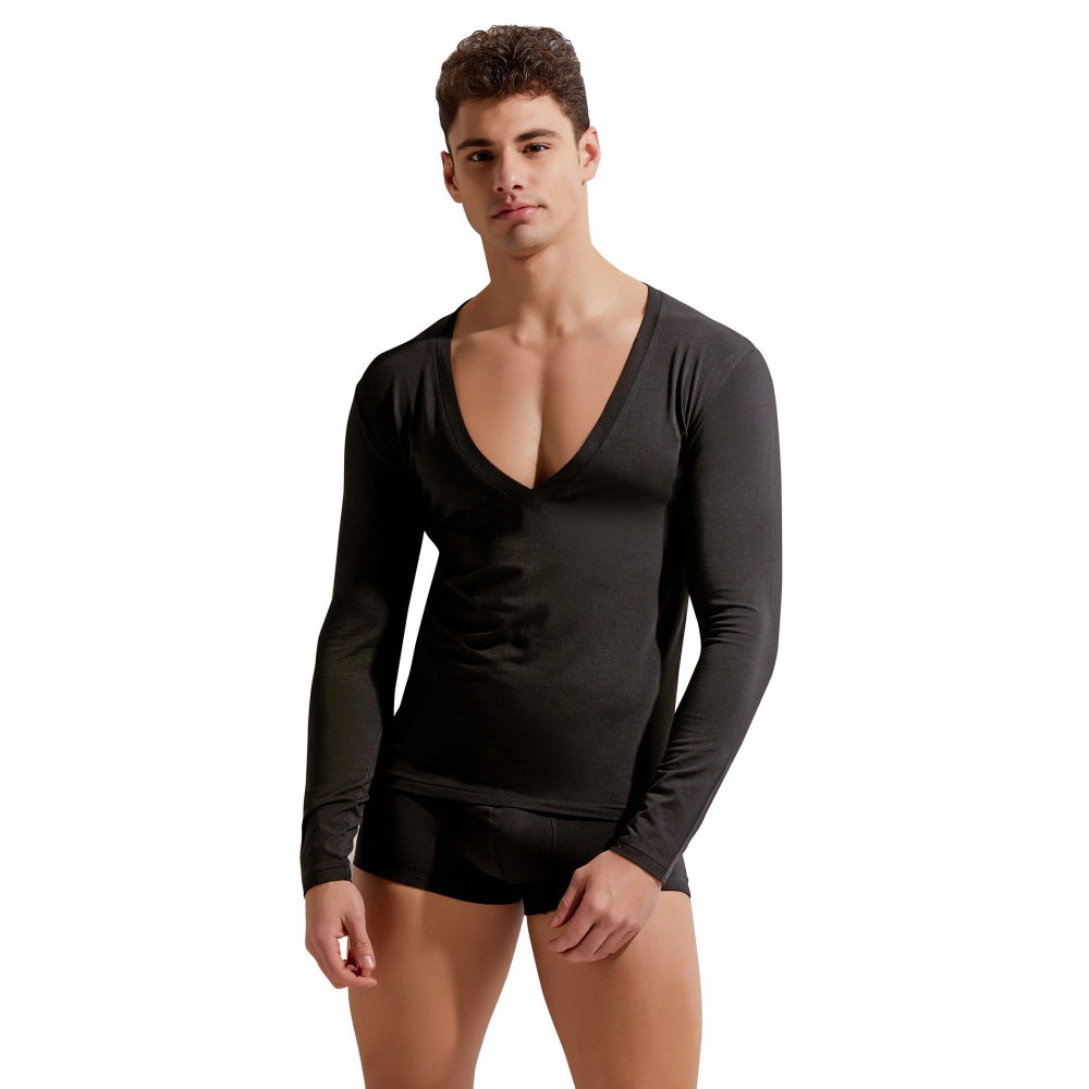 Мужской лонгслив с глубоким V-образным вырезом Gauvine (Размер: S) (Цвет: черный)