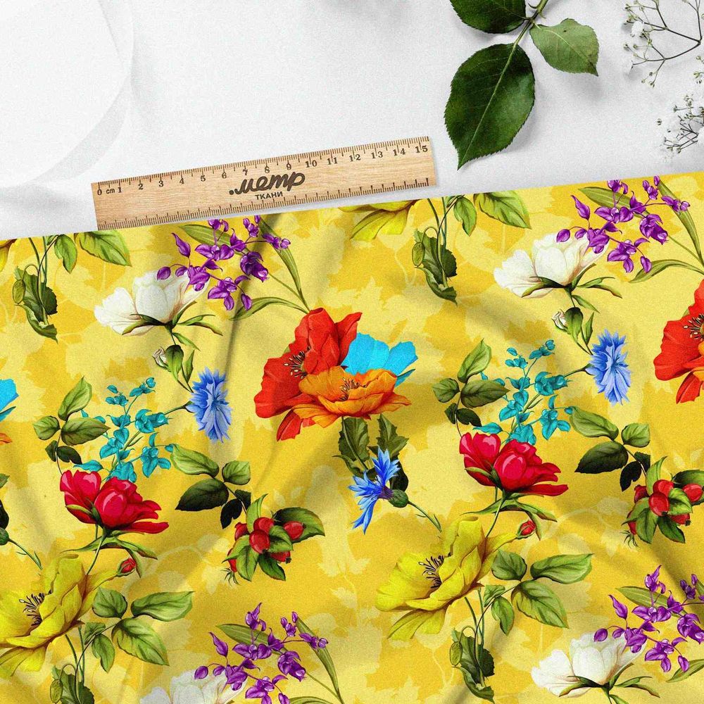 Ткань барби цветы на желтом фоне