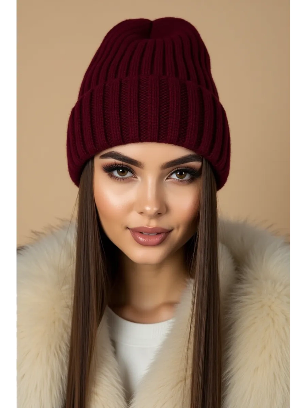 шапка вязаная теплая зимняя с отворотом стильная