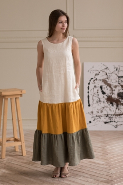 Платье льняное Градиент макси с воланами, молоко/горчица/олива