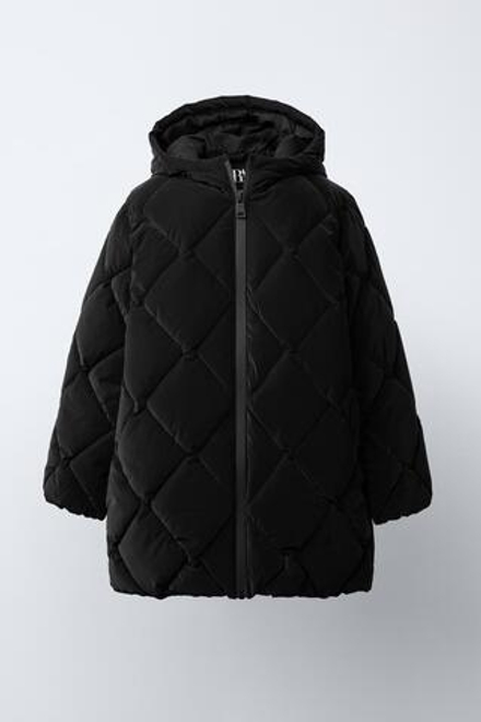 ZARA ЛЕГКОЕ СТЕГАНОЕ ПРОРЕЗИНЕННОЕ ПАЛЬТО, ЧЕРНЫЙ