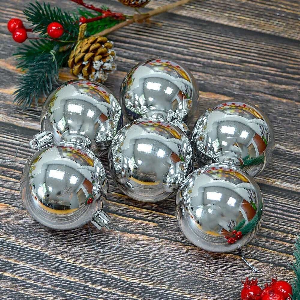 Шар новогодний 6шт 6см, глянец серебро, пластик