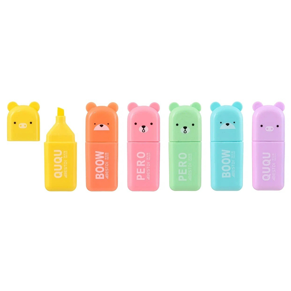 Набор мини текстовыделителей, 6 шт, шести цветов, серия "Мишка", текстмаркеры детские длиной 5.4 см, фломастеры хайлайтеры MC-Basir, 6 цветов