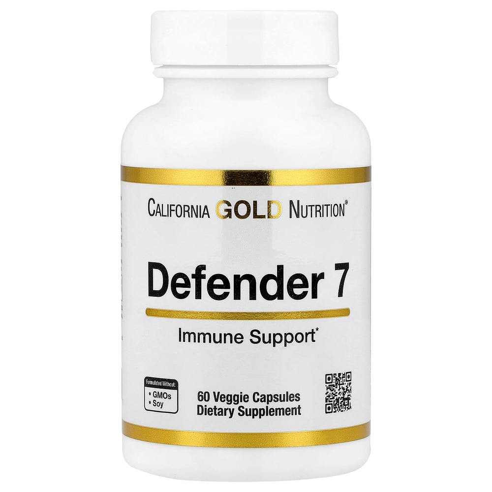 California Gold Nutrition, Defender 7, с витаминами A, C, D3, B6, цинком, селеном и бета-глюканом, 60 растительных капсул