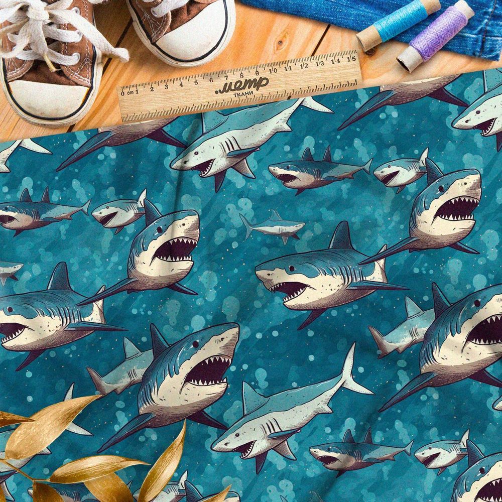Ткань премиум интерлок хищные акулы