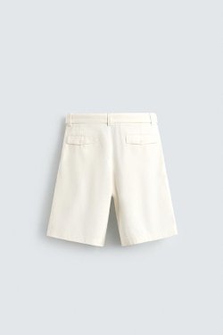 ZARA ШОРТЫ RELAXED FIT С СКЛАДКАМИ И ПОЯСОМ, ЖЕЛТОВАТО-БЕЛЫЙ