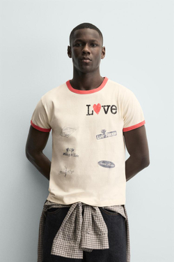 ZARA ФУТБОЛКА В РУБЧИК С КОНТРАСТНЫМ СЕРДЦЕМ, ЭКРЮ