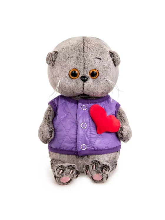 Мягкая игрушка Кот Басик в дутом жилете с сердечком 20 см