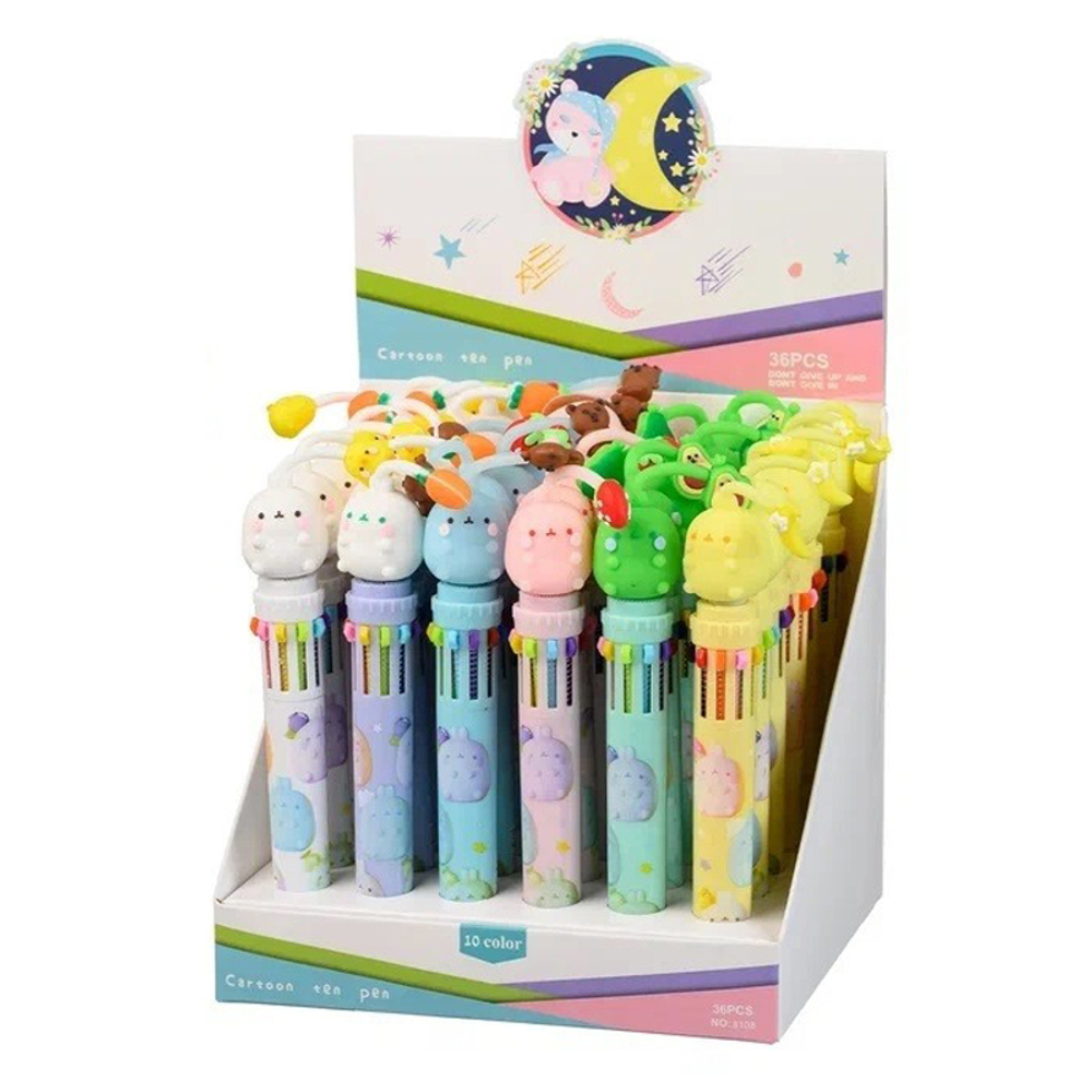 Ручка шариковая, автоматическая, 10в1, Basir, серия "Кролик", 10-ти цветная, с резиновой фигуркой, 36 шт