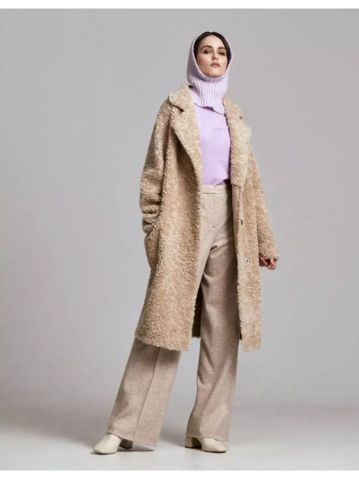 Шуба женская из шерсти мериноса чебурашка тедди, светло-бежевая, SilverFox