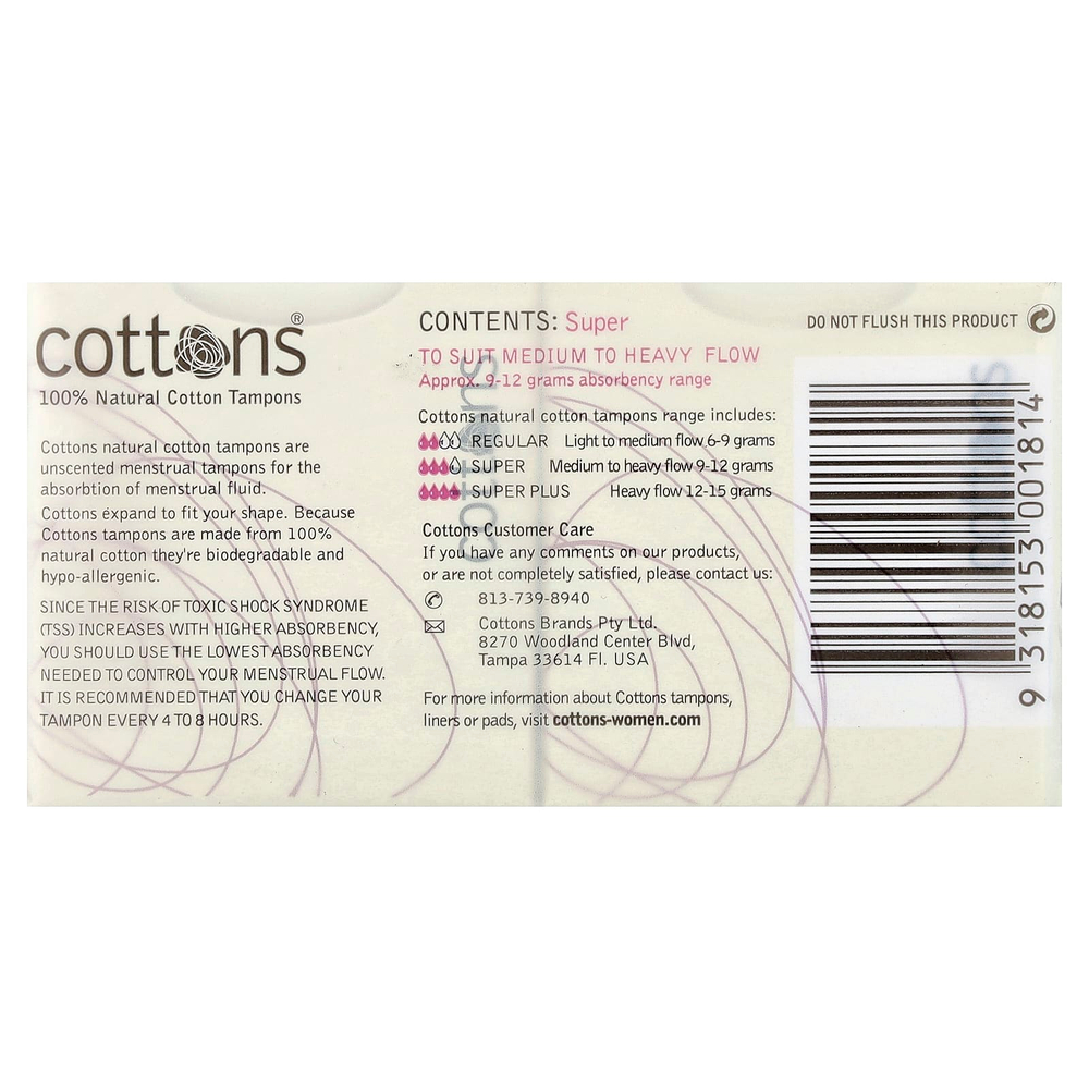 Cottons, Тампоны из 100% натурального хлопка, супер, без запаха, 16 тампонов