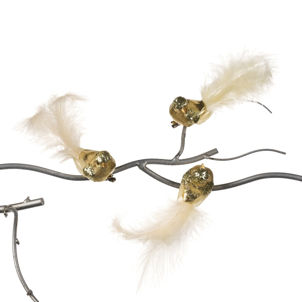 Набор украшений на елку 3шт 13см Goodwill Птицы кремово-золотые с блестками на клипсе