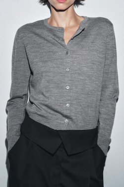 ZARA КАРДИГАН ИЗ 100% ШЕРСТИ, ГЛАДКАЯ ВЯЗКА, СЕРЫЙ МЕЛАНЖ