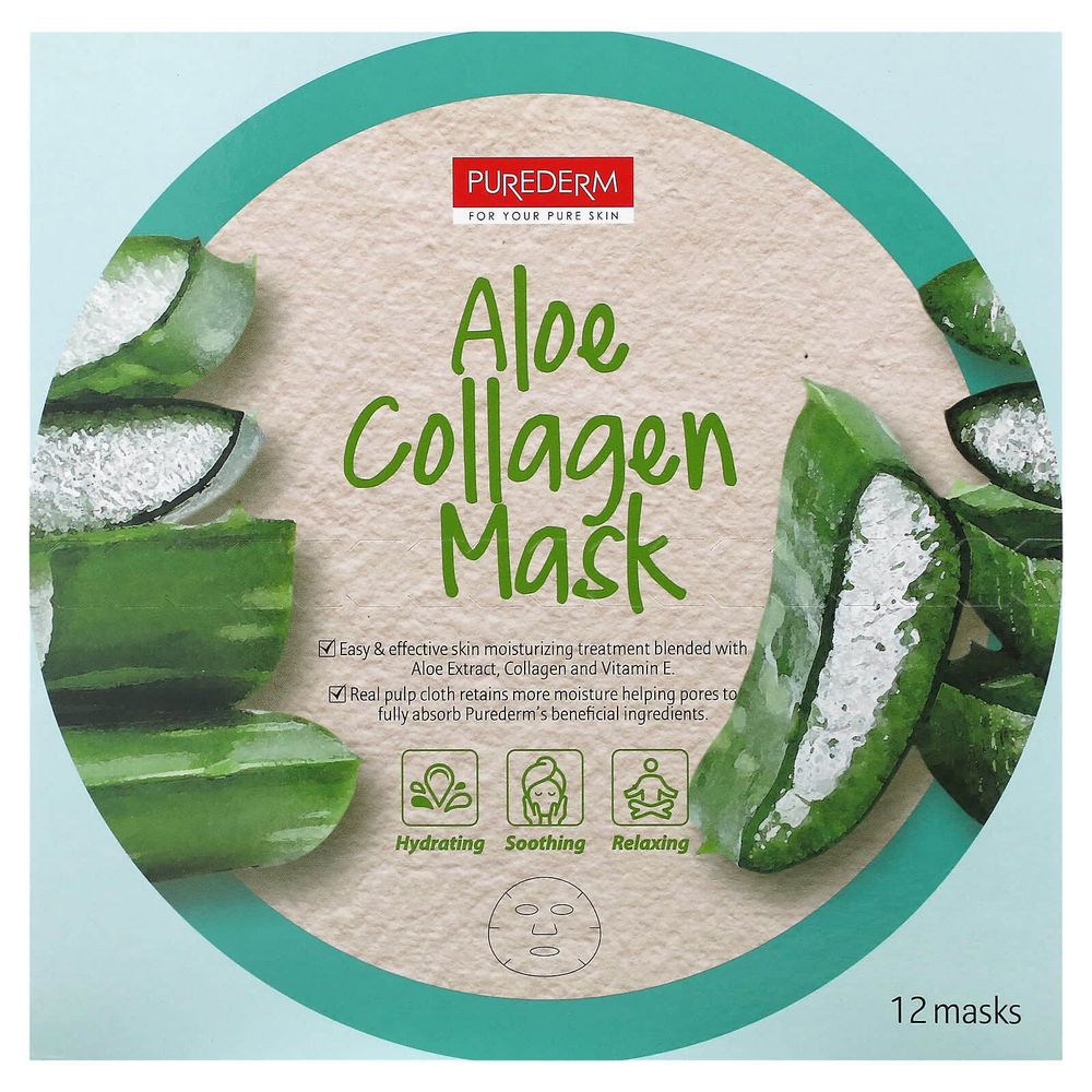 Purederm, Косметическая маска с алоэ и коллагеном, 12 шт., 18 г (0,63 унции)