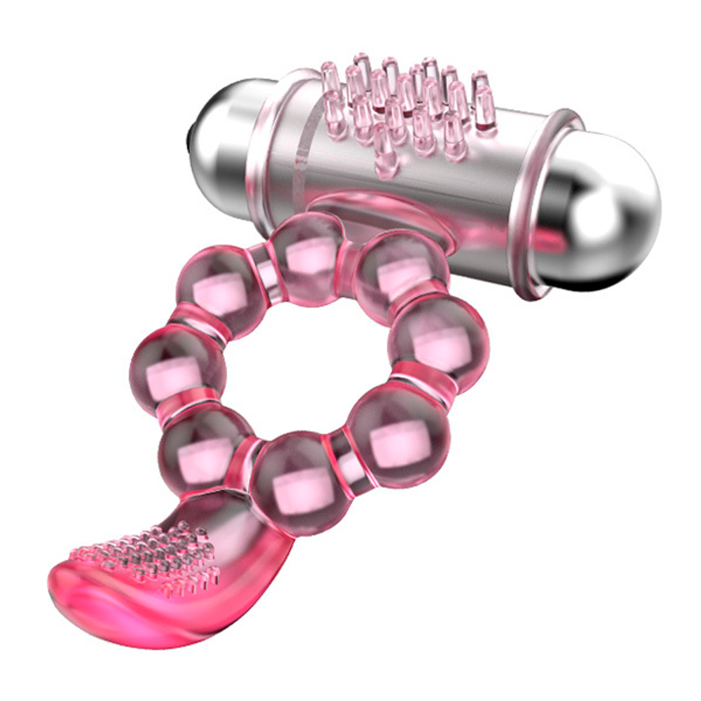 Розовое эрекционное кольцо 3,7см с вибростимуляцией клитора Baile Pleasure Tongue Ring BI-014075