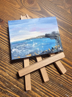 Миниатюра акрилом на холсте 6х8см "Морской берег" с мольбертом, авторская ручная работа