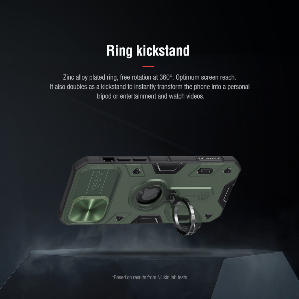 Зеленый чехол для iPhone 12 Pro Max от Nillkin серии CamShield Armor Case (отверстие под лого) с кольцом и защитной шторкой