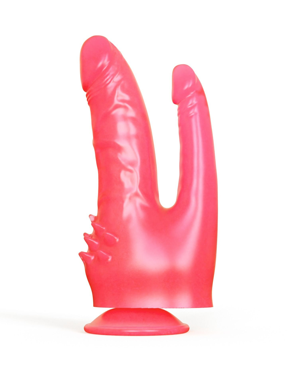 Розовый двойной фаллоимитатор с шипами и присоской - 17 см. (Цвет: розовый)