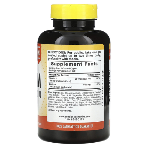 Sundance Vitamins, кальций с витамином D3, 200 капсул, покрытых оболочкой