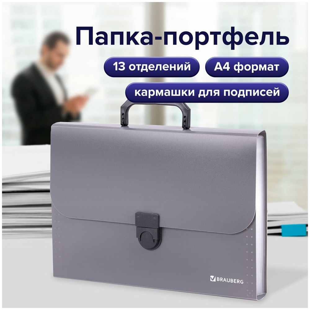 Папка-портфель пластиковая BRAUBERG "ПРОЕКТ", А4 (330х240х35 мм), 13 отделений, серый, РОССИЯ, 226027