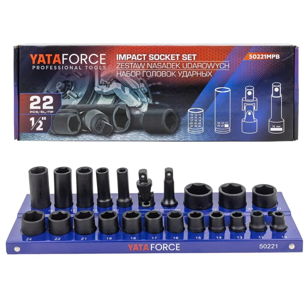 Головки ударные 1/2'', набор 22 пр. (6-гр.) YATAFORCE YF-50221MPB