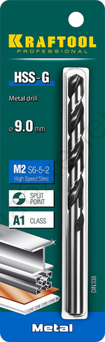 KRAFTOOL HSS-G 9.0 х125мм, Сверло по металлу HSS-G, сталь М2(S6-5-2)