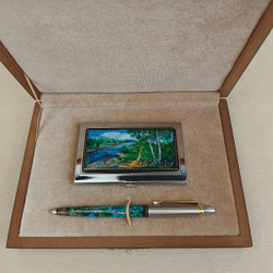 Набор "Русские березки" визитница и ручка Parker с ручной росписью Палех