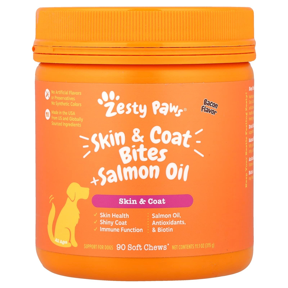 Zesty Paws, Skin & шерсти Bites + лососевый жир, для собак всех возрастов, бекон, 90 мягких жевательных таблеток, 315 г (11,1 унции)