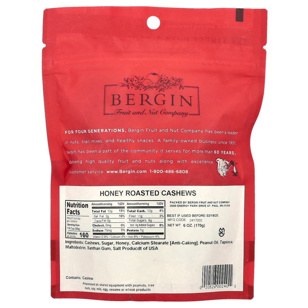 Bergin Fruit and Nut Company, кешью, обжаренные с медом, 170 г (6 унций)