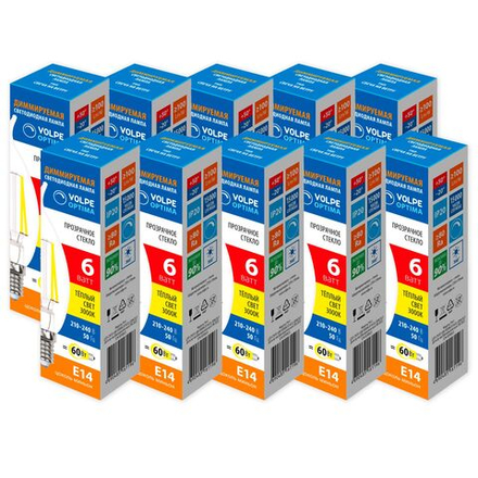 LED-CW35-6W-3000K-E14-CL-DIM-SLF Набор из 10штук Лампа светодиодная диммируемая. Форма свеча на ветру. прозрачная. Серия Optima DIM Филамент. Теплый белый свет 3000K. Картон. ТМ Volpe