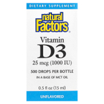 Natural Factors, Витамин D3 в каплях, без ароматизаторов, 25 мкг (1000 МЕ), 15 мл (0,5 жидкой унции)