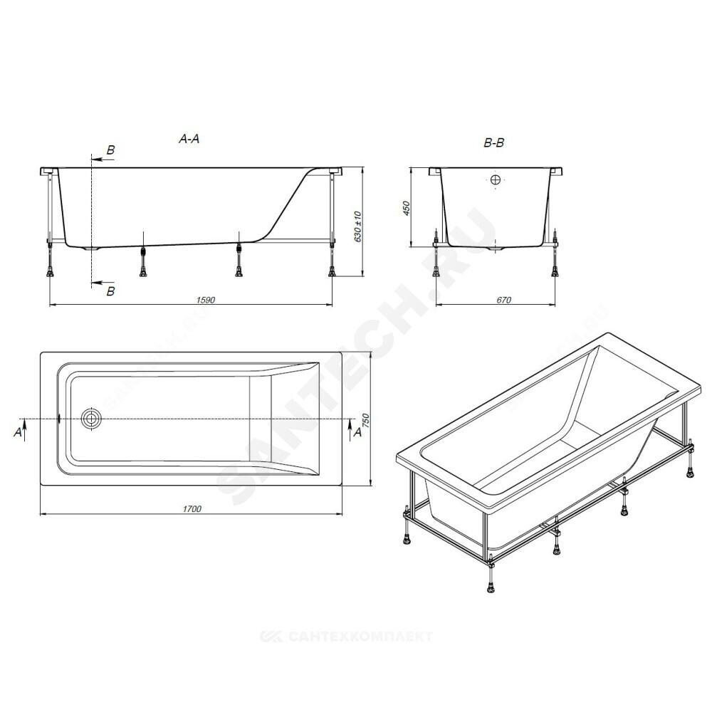 Ванна акриловая Easy 170х75см без ножек Roca ZRU9302899