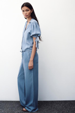 ZARA БРЮКИ С ШИРОКИМИ ШТАНИНАМИ И ЭЛАСТИЧНЫМ ПОЯСОМ, ГОЛУБОЙ