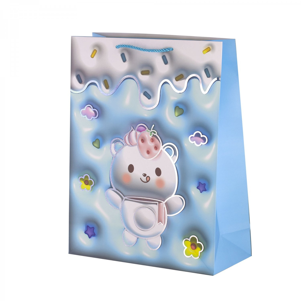 Пакет подарочный бумажный Alingar, (L+) 26х32х10 см, вертикальный, "Милые мишки", матов. ламинация, тиснение голография, эффект 3D, ассорти