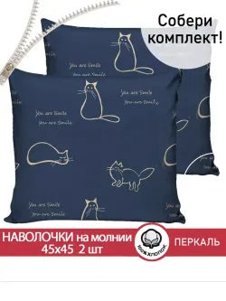 Наволочка комплект 2шт перкаль Сказка "Котики" 45х45 см на молнии