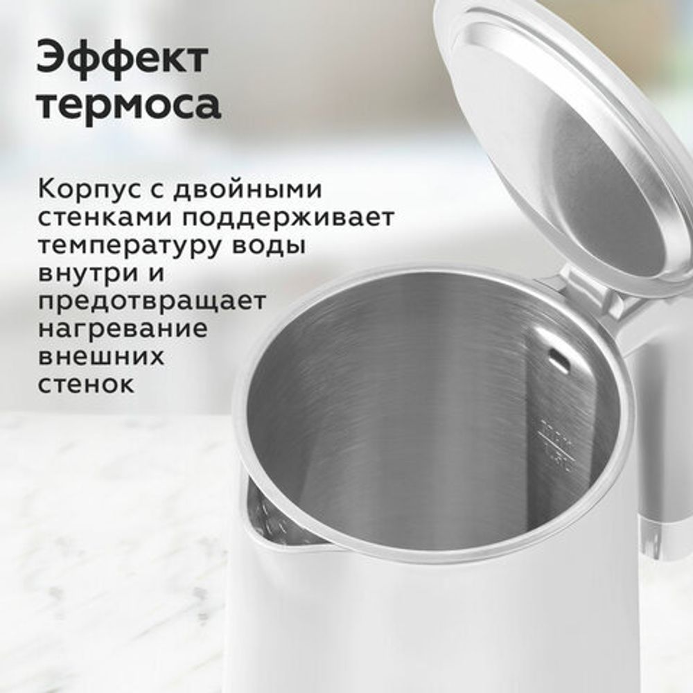 Чайник электрический с двойными стенками BQ (БИ-КЬЮ) KT1720P, 1,5 л, 2200 Вт, белый, 86198280