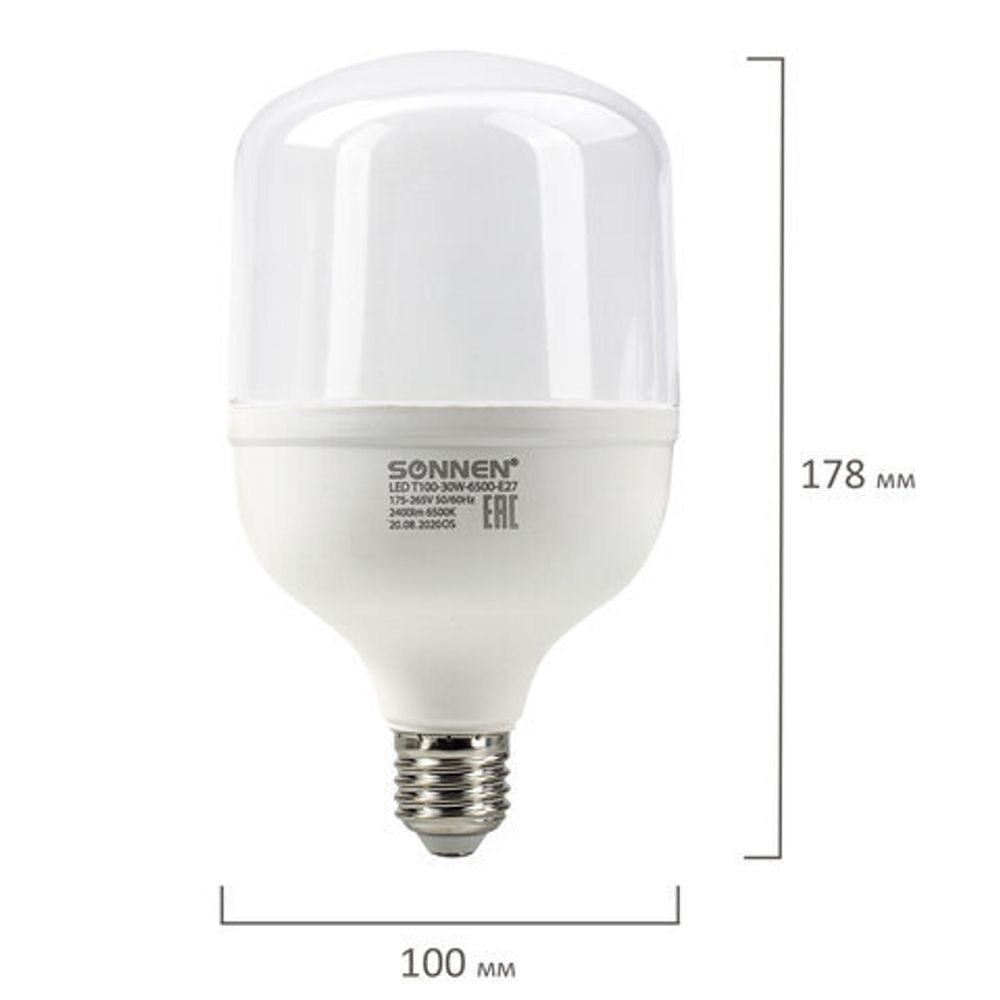Лампа светодиодная SONNEN, 30 (250) Вт, цоколь Е27, цилиндр, холодный белый, 30000 ч, LED Т100-30W-6500-E27, 454924