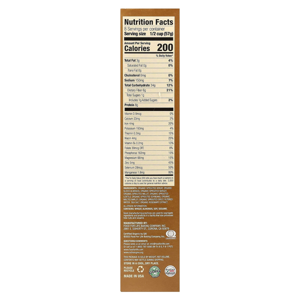 Food For Life, Иезекииль 4: 9, хрустящие хлопья с ростками, миндаль, 454 г (16 унций)
